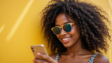 A smiling woman with curly hair and sunglasses using a smartphone against a yellow background