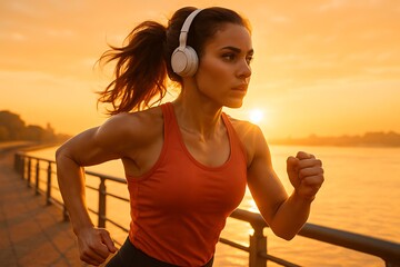 Morning run by the river at sunrise with music inspiring focus and strength