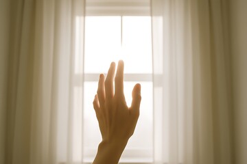 Hand reaching towards sunlight through curtains in a cozy indoor space