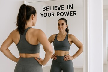 Woman focuses on her reflection with motivational message in gym setting