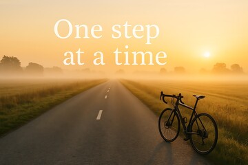 Cyclist paused on a quiet road during sunrise with inspirational text in the background
