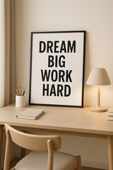 Home office setup with motivational poster and cozy lighting in a minimalist space