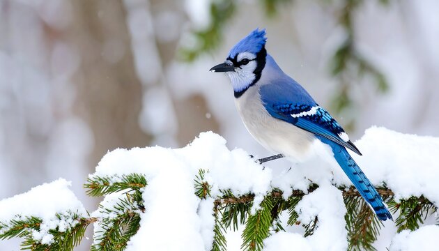 A Vivid Blue Jay Perched on Snowy Pine Branch in Winter Scene - Powered by Adobe