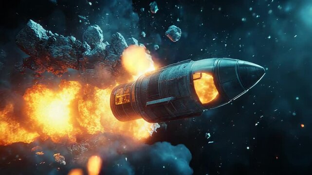 Damaged rocket burning and crashing in space