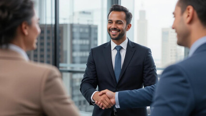 A smiling man in a suit shaking hands with colleagues in an office with a city view behind
