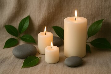 Elegant candles surrounded by smooth stones and green leaves create a calming atmosphere