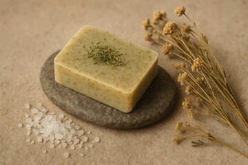 Handcrafted herbal soap placed on a smooth stone with dried flowers and sea salt