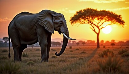 Majestic elephant standing in the savannah at sunset with a silhouette of a tree