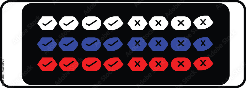 Poster vibrant vector icon set with check and cross marks in hexagon and oval shapes for approval, rejectio