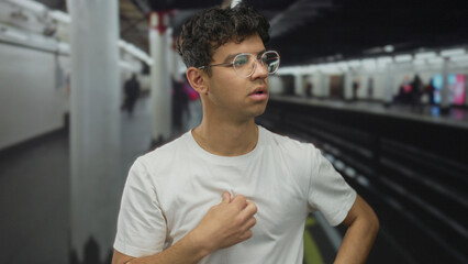 Man with hands adjusting his white shirt near chest on a subway platform in a busy train station;...