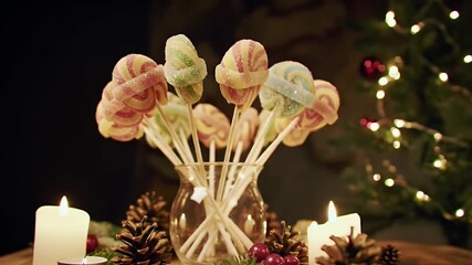 Vibrant Lollipops Display with Pinecones and Festive Candlelight in Holiday Setting - Powered by Adobe