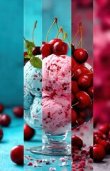 Pink and red ice cream and cherry cubes in a glass, vertical photo collage, pink-blue background, bright color scheme, commercial photography, advertising poster design.
