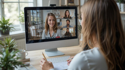 Woman attending a virtual meeting on a desktop computer with three other participants visible