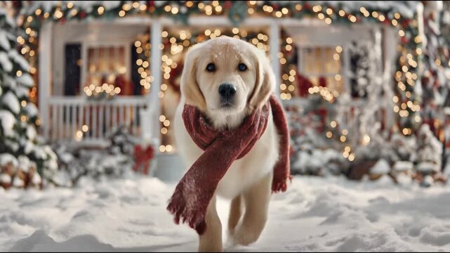 Golden Retriever puppy wearing a bright red scarf, running playfully through a snow-covered yard