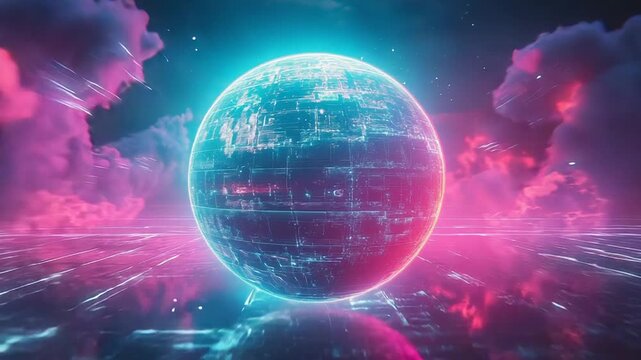 Glowing digital sphere hovering over futuristic neon landscape
