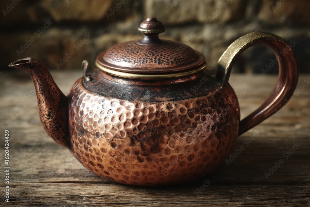 Poster copper teapot rests on a wooden surface showcasing its intricate design and craftsmanship in a rusti