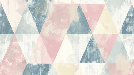 A colorful abstract geometric pattern with pink, blue, and white triangles and shapes on a white background.