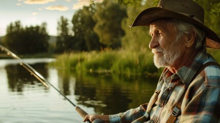 Obraz premium An elderly man wearing a cowboy hat, sitting on a bench by a lake, holding a fishing rod and looking out at the water.