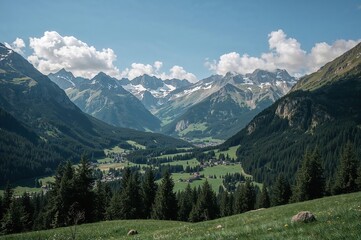 Alpine Valley Mountain Landscape Green Meadows Snow Peaks Nature Scenery Tourism Travel Hiking Adventure Outdoor Photography European Alps Panoramic View

