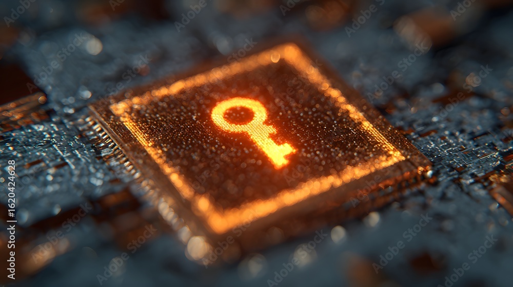 Poster close-up view of a glowing key icon on a circuit board.