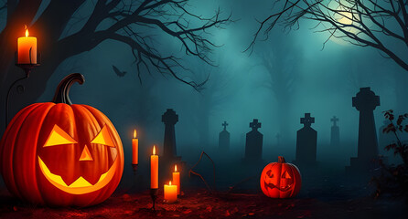 Halloween pumpkins and candles lighting spooky graveyard in the fog
