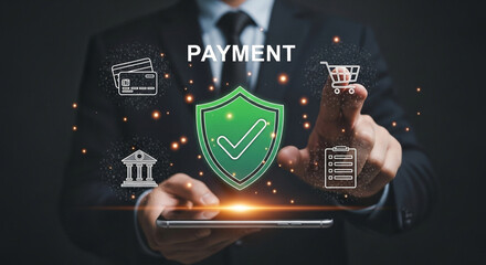 Secure online payment processing with shield icon, credit cards and e-commerce