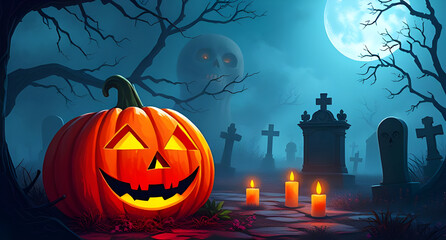 Halloween pumpkin glowing in a spooky graveyard under the moonlight