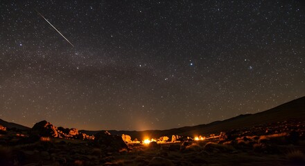 Starry night sky shows meteor above desert camp.  Image depicts night, landscape, nature. Perfect for marketing, travel blogs, astrology design, and web use.