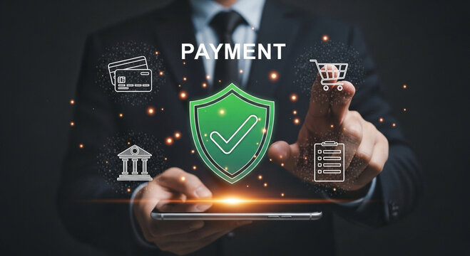 Secure online payment processing with shield icon, credit cards and e-commerce