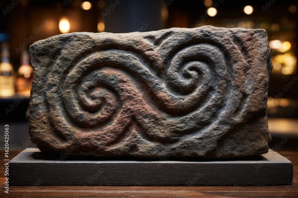 Poster ancient carved stone with intricate swirl patterns displayed in a modern setting at an exhibition
