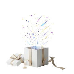 Gift box opening with light and confetti isolated PNG with Transparent Background