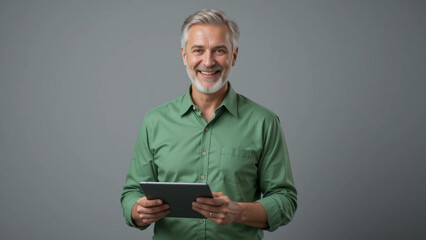 A mature man with gray hair and a green shirt holding a tablet and smiling at the camera cheerfully