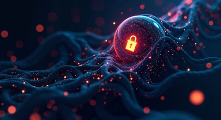 Digital cybersecurity concept with glowing padlock in network connections. Perfect for data protection, privacy and information security illustrations.