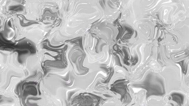 white animation with a glossy liquid texture and flowing shapes, creating a futuristic and elegant abstract metallic surface effect