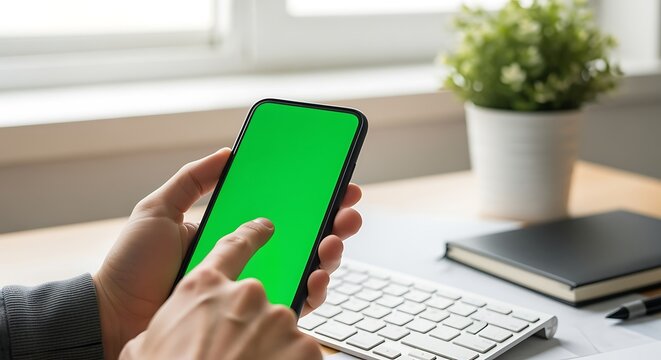 Hands tapping green screen smartphone. Mobile phone with chroma key display for app mockup or digital content. Technology concept.