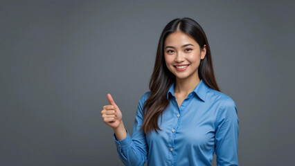 Portrait of a smiling woman in a blue shirt giving a thumbs up on a gray background studio shot