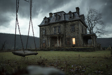 Abandoned stone house with swing under dark stormy sky