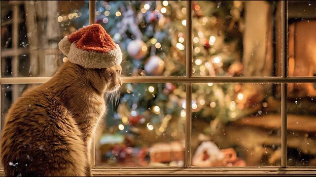 Christmas image of a cat wearing a red Santa Claus hat sitting on a windowsill, gazing out at falling snowflakes.