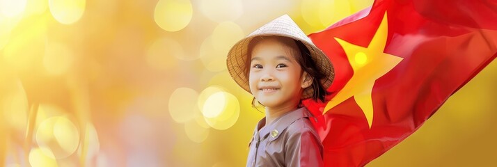 Celebration of vietnam national day with joyful child holding vietnamese flag. Independence Day of Vietnam. Horizontal banner. Copy space. Girl with flag of Vietnam