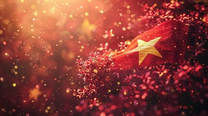 Vietnam national day celebration with festive sparkles and vietnamese flag in vibrant red and gold. Independence Day of Vietnam. Watercolor illustartion. Horizontal banner. Copy space. Flag of Vietnam