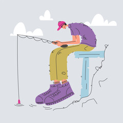Man Fishing From a Dock With Oversized Shoes, Cartoon Style Illustration.