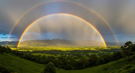 Fototapeta premium Double Rainbow Shines Over Green Valley. Use for nature marketing, editorial, web design, environmental concepts.