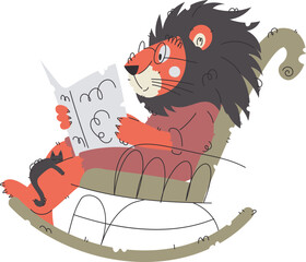 Lion in a Rocking Chair Reading a Book, Relaxing with a Cat Napping on Him.