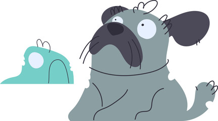 Funny Dog with a Toy. A Cartoon Illustration of a Cute Puppy Looking Up, Vector.