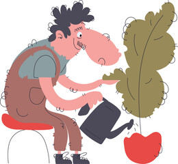 Funny Cartoon Gardener Watering Plant, Character Design with a Watering Can.