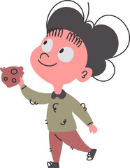 Little Cartoon Boy Holding a Cookie, Looking Upwards with a Joyful Expression.