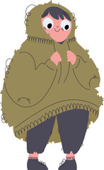Adorable Child Wrapped in an Oversized, Furry Blanket, Cartoon Illustration.