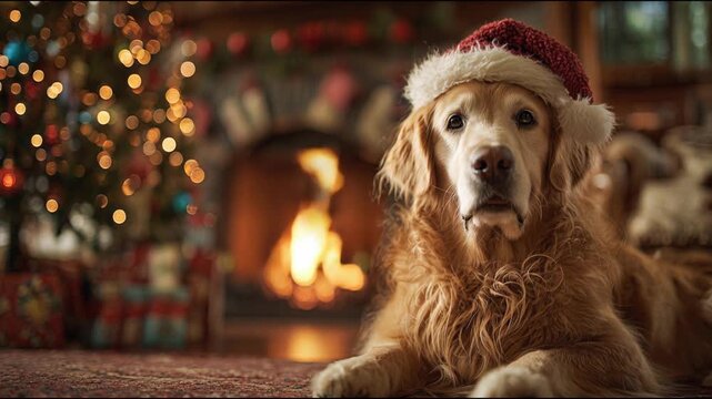 Christmas image of a Golden Retriever dog wearing a red Santa Claus hat, sitting peacefully under a beautifully decorated Christmas tree.