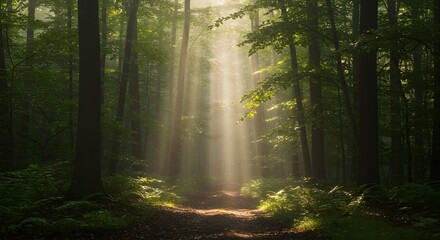 Fototapeta premium Sunbeams stream through lush forest. Ideal for web, design, marketing, or editorial use. Nature, mystery, and beauty converge.