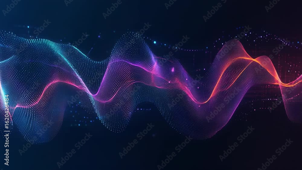 Poster abstract wave of colorful particles flowing on dark background